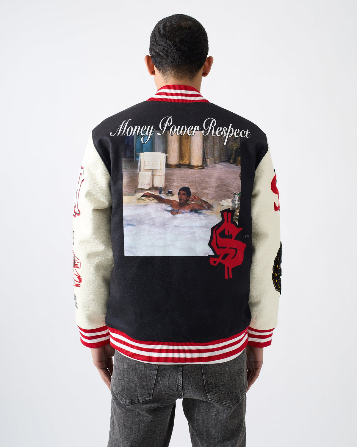 Reason Clothing Signature Scarface Power PU Sleeves Varsity Jacket - Black