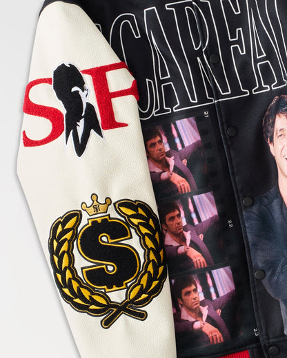 Reason Clothing Signature Scarface Power PU Sleeves Varsity Jacket - Black