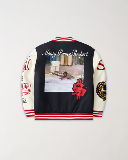 Reason Clothing Signature Scarface Power PU Sleeves Varsity Jacket - Black