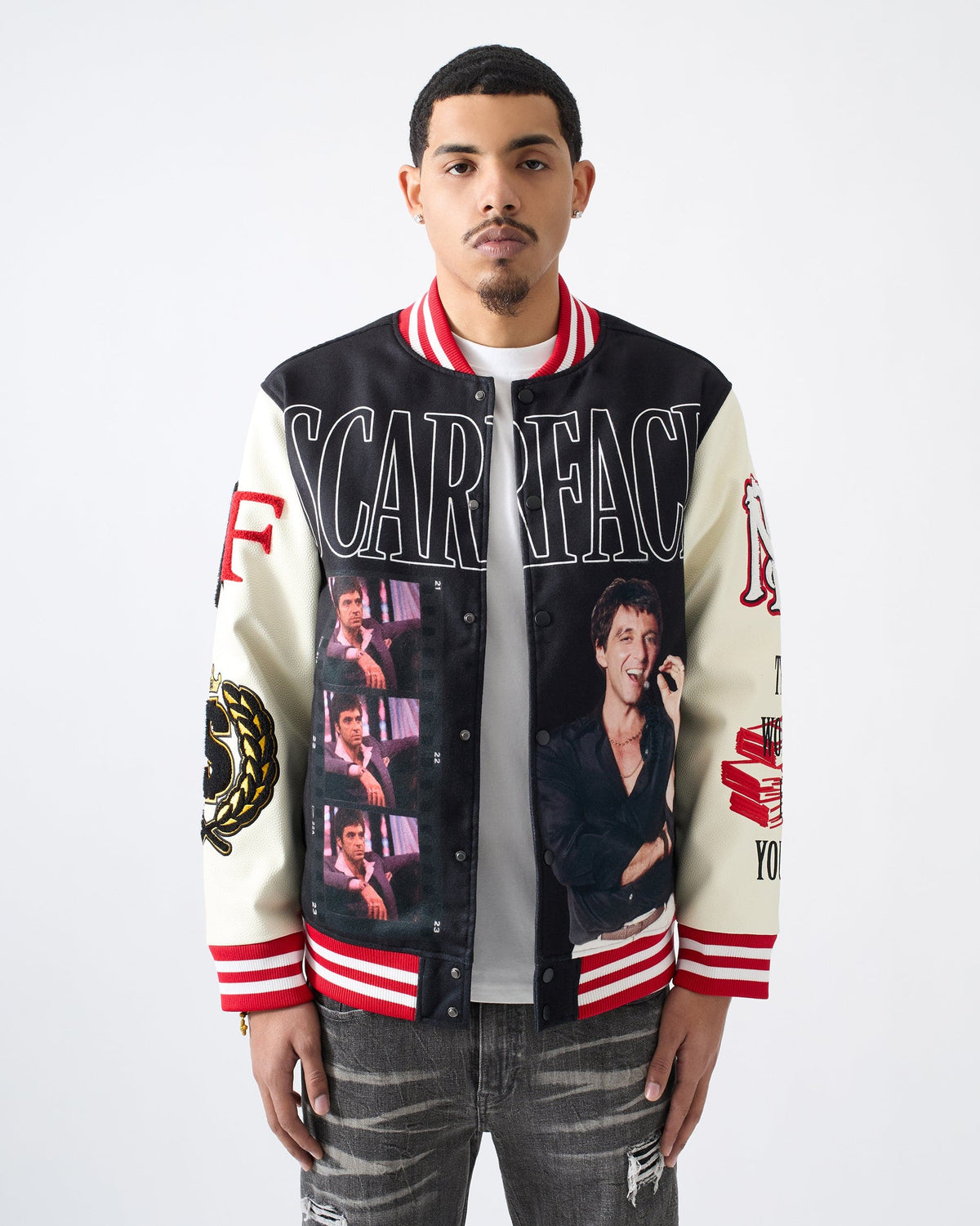 Reason Clothing Signature Scarface Power PU Sleeves Varsity Jacket - Black