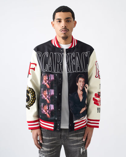 Reason Clothing Signature Scarface Power PU Sleeves Varsity Jacket - Black