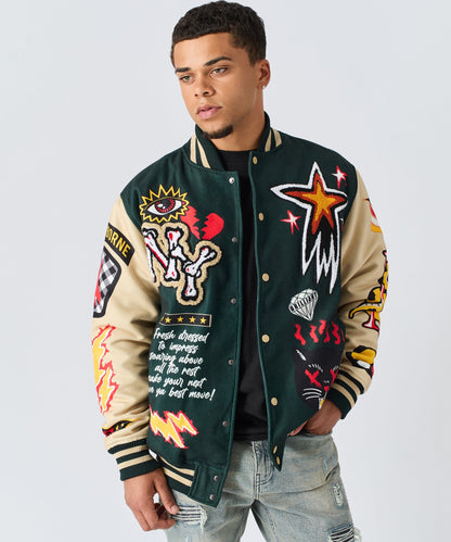 Reason Clothing Popular Super Fly Chenille Varsity Jacket - Green