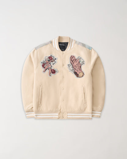 Reason Clothing Featured Cherub Tapestry Varsity Jacket - Khaki