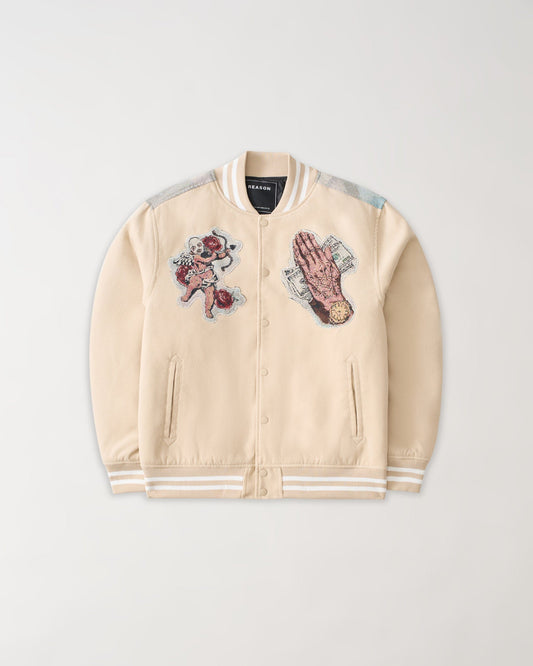 Reason Clothing Featured Cherub Tapestry Varsity Jacket - Khaki