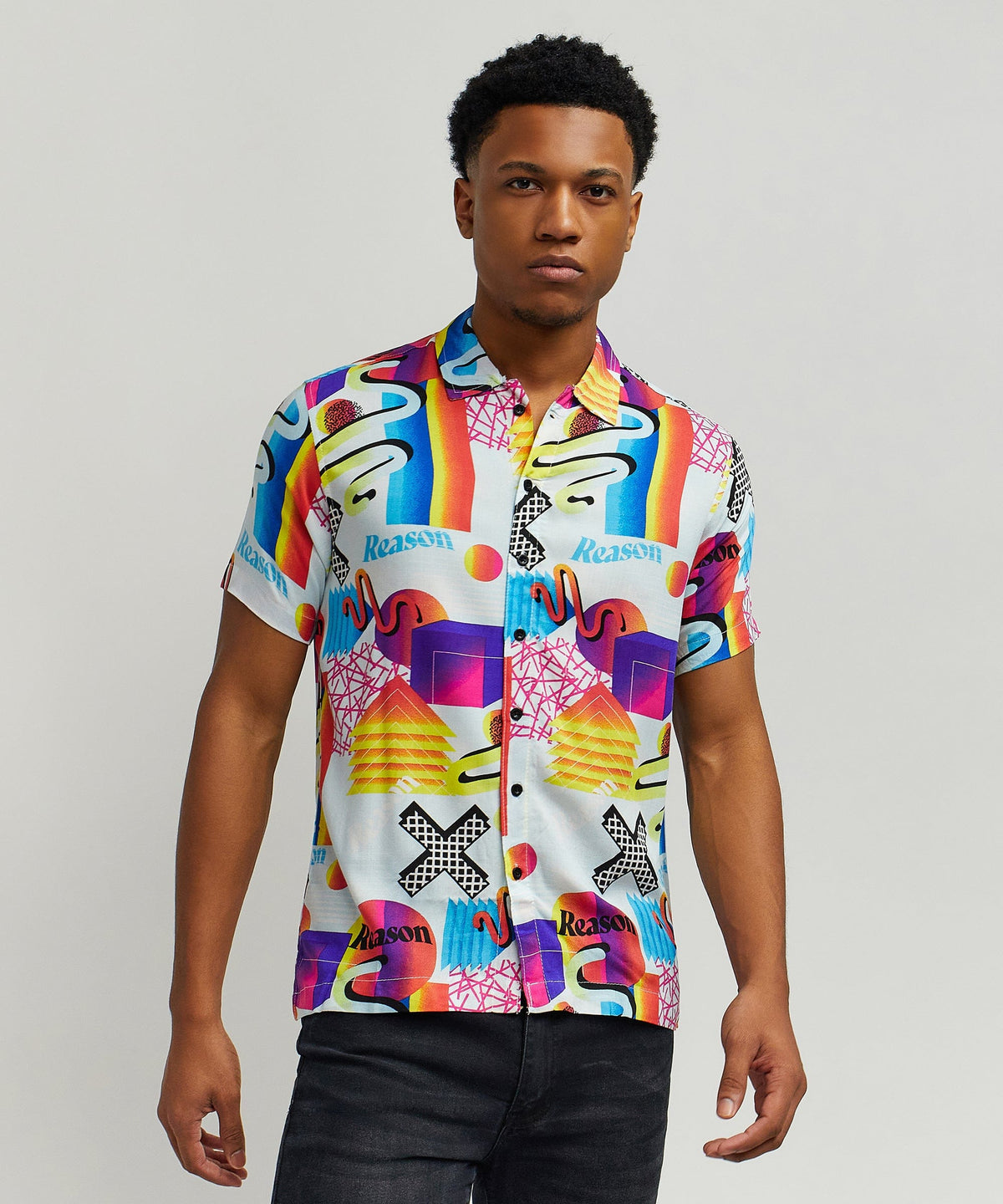 Reason Clothing Special Offer Geo Shape Viscose Button-Down Short Sleeve Shirt - Multicolor