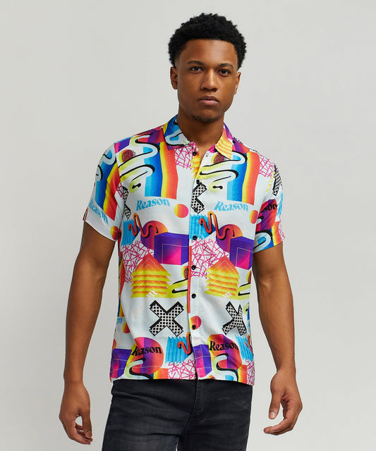 Reason Clothing Special Offer Geo Shape Viscose Button-Down Short Sleeve Shirt - Multicolor