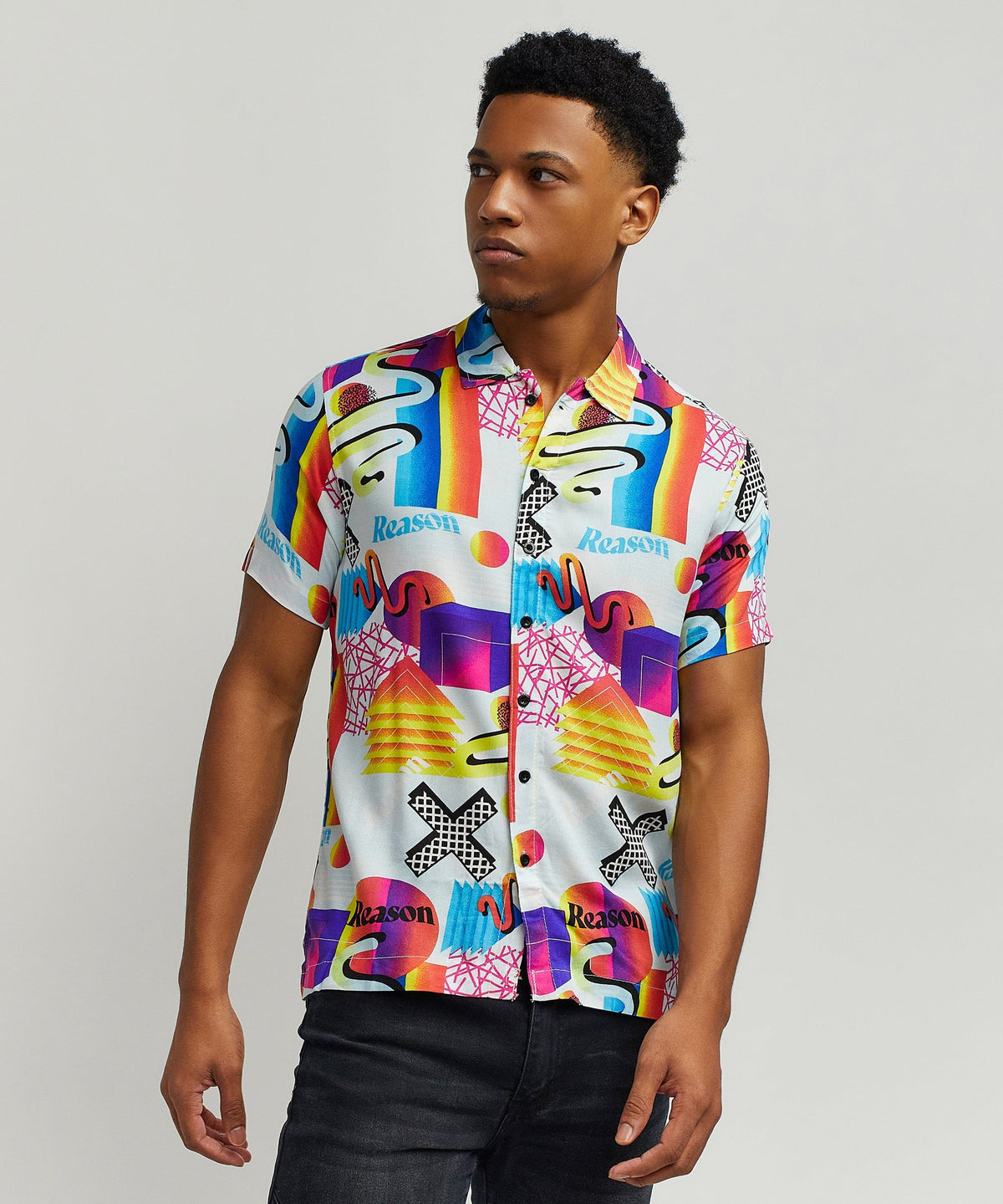 Reason Clothing Special Offer Geo Shape Viscose Button-Down Short Sleeve Shirt - Multicolor