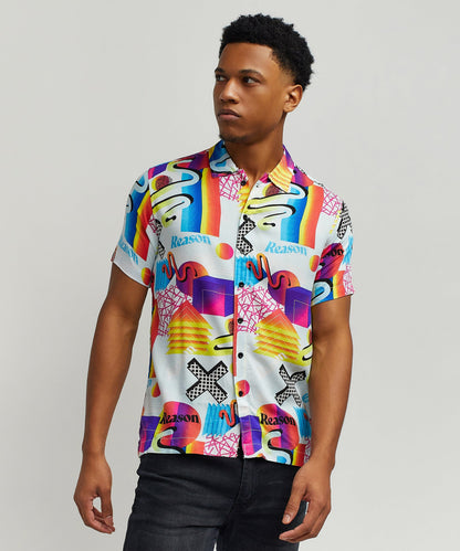 Reason Clothing Special Offer Geo Shape Viscose Button-Down Short Sleeve Shirt - Multicolor