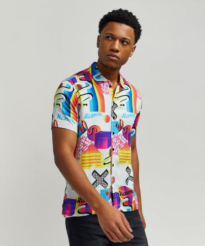 Reason Clothing Special Offer Geo Shape Viscose Button-Down Short Sleeve Shirt - Multicolor