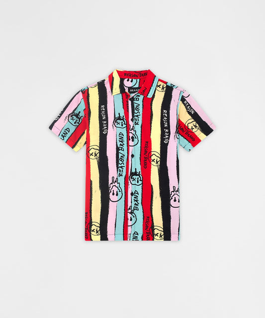 Reason Clothing Premium Graffiti Viscose Button-Down Short Sleeve Shirt - multicolor