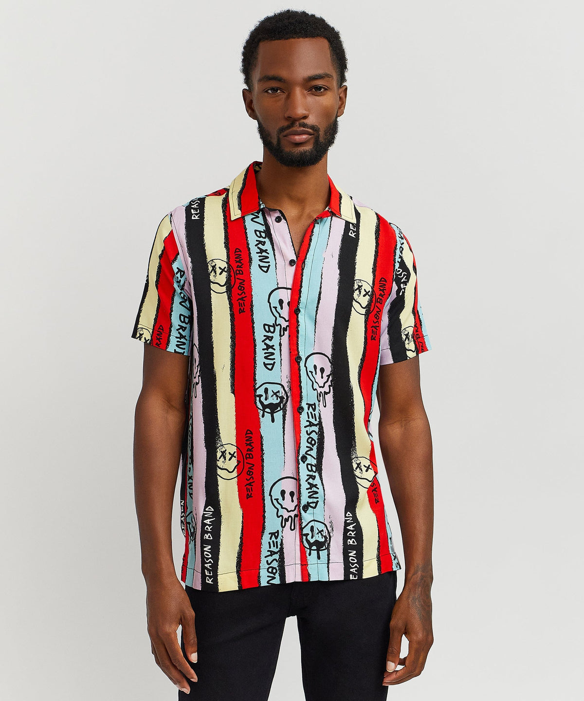 Reason Clothing Premium Graffiti Viscose Button-Down Short Sleeve Shirt - multicolor