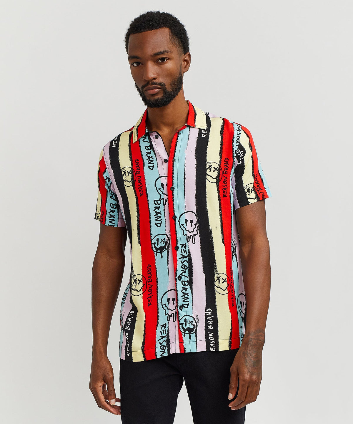 Reason Clothing Premium Graffiti Viscose Button-Down Short Sleeve Shirt - multicolor