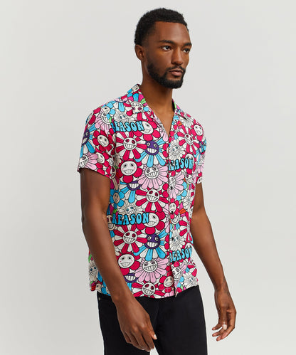 Reason Clothing Trending Sunflower Viscose Button-Down Short Sleeve Shirt - Multicolor