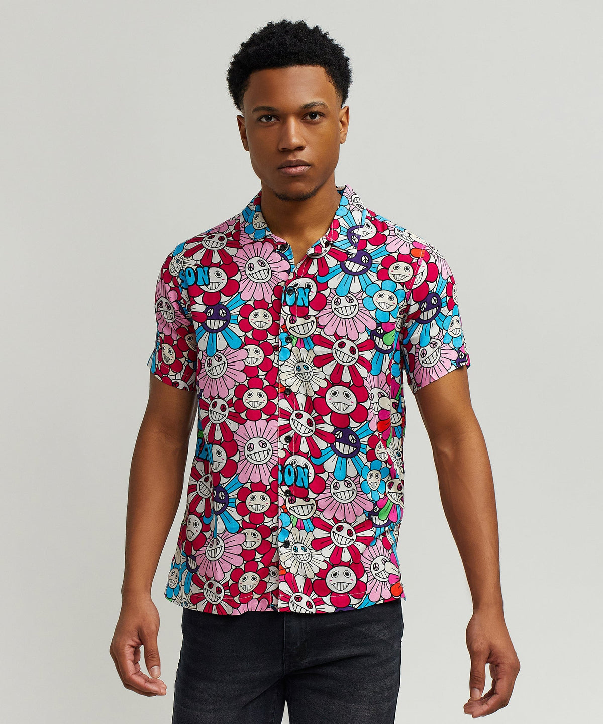 Reason Clothing Trending Sunflower Viscose Button-Down Short Sleeve Shirt - Multicolor