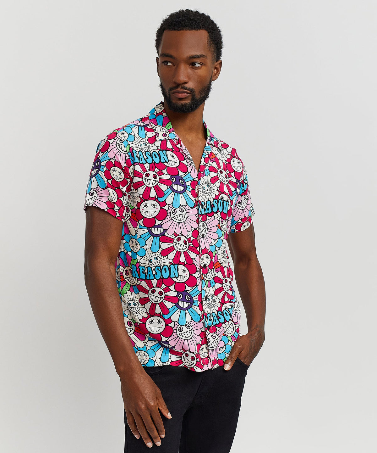 Reason Clothing Trending Sunflower Viscose Button-Down Short Sleeve Shirt - Multicolor