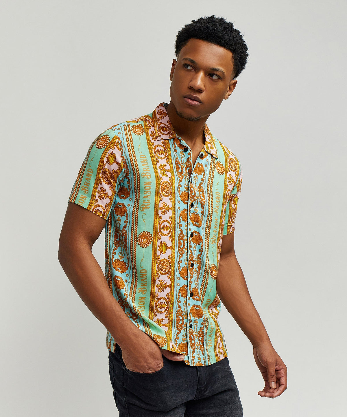 Reason Clothing Signature Baroque Viscose Button-Down Short Sleeve Shirt - Multicolor
