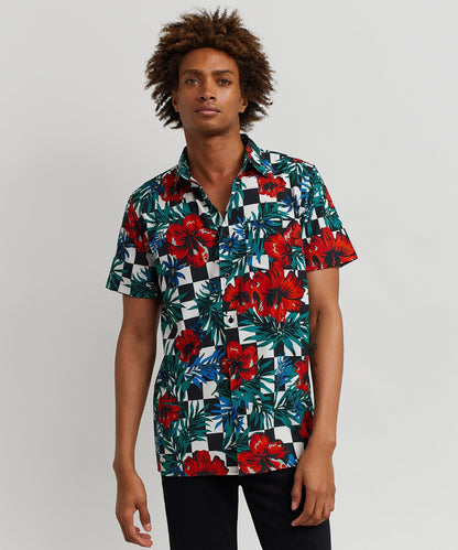 Reason Clothing Top Pick Floral Check Viscose Button-Down Short Sleeve Short