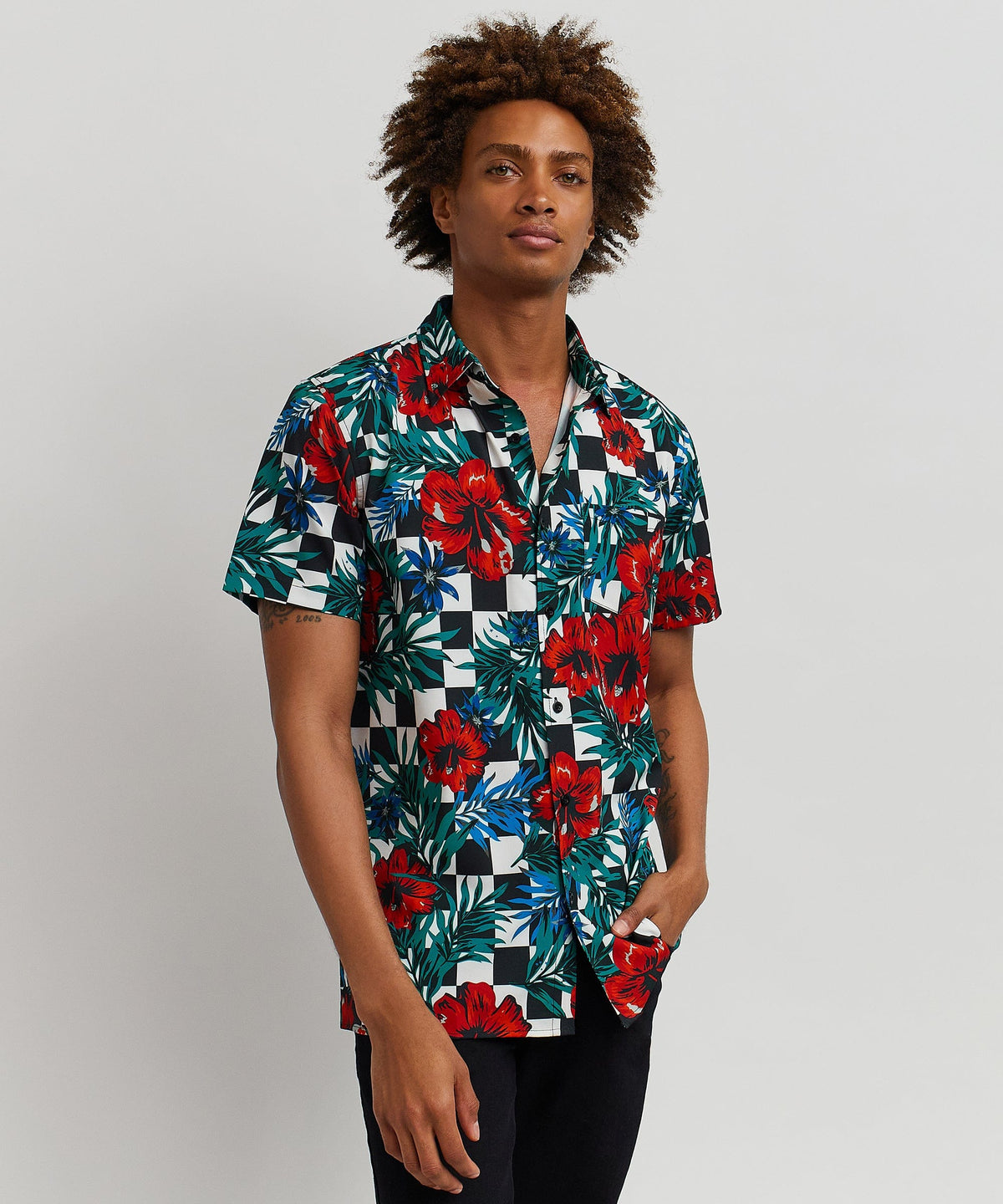 Reason Clothing Top Pick Floral Check Viscose Button-Down Short Sleeve Short