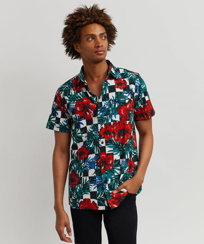 Reason Clothing Top Pick Floral Check Viscose Button-Down Short Sleeve Short