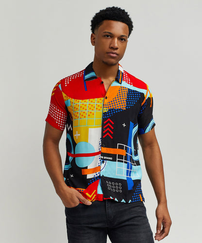 Reason Clothing Quality Retro Grid Viscose Button-Down Short Sleeve Shirt