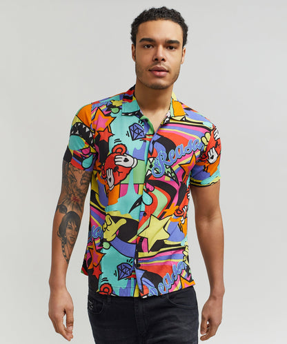 Reason Clothing Everyday Trippy Viscose Button-Down Short Sleeve Shirt - Multicolor