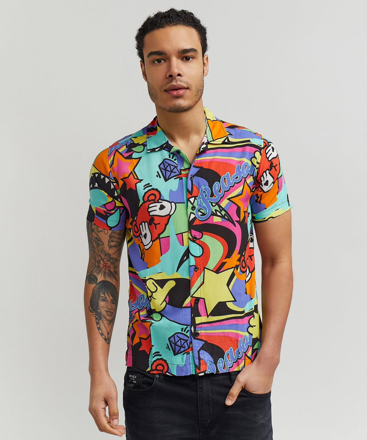 Reason Clothing Everyday Trippy Viscose Button-Down Short Sleeve Shirt - Multicolor