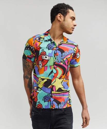 Reason Clothing Everyday Trippy Viscose Button-Down Short Sleeve Shirt - Multicolor
