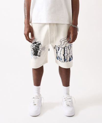 Reason Clothing Hot Sale Crosses Embroidered Fleece Short - Cream