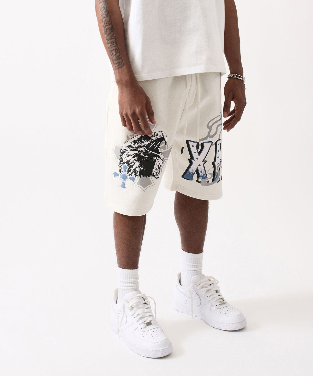 Reason Clothing Hot Sale Crosses Embroidered Fleece Short - Cream