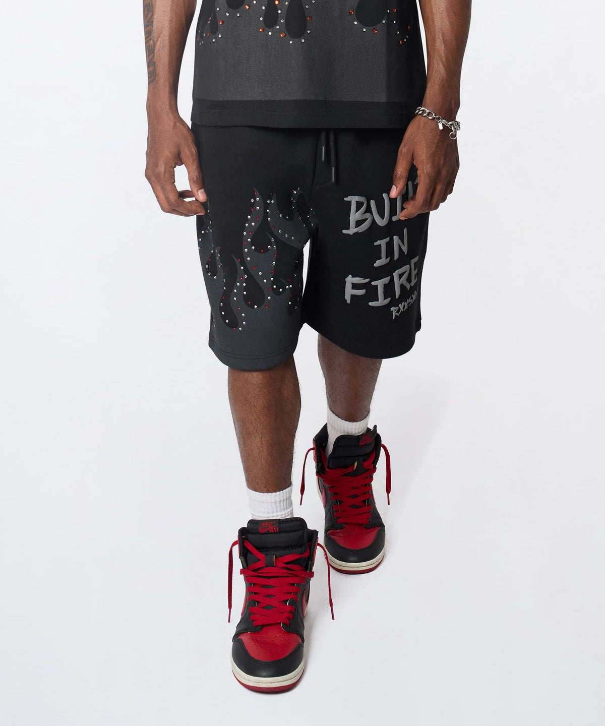 Reason Clothing Best Seller Built In Fire Rhinestone Shorts - Black