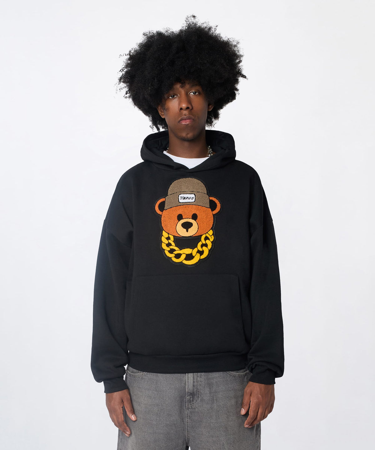 Reason Clothing Deals Henry Bear Chenille Hoodie - Black