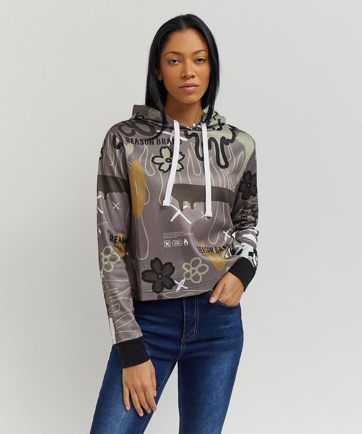 Reason Clothing Top Pick Doodle Women's Graphic Pull-over Long Sleeve Hoodie - Brown