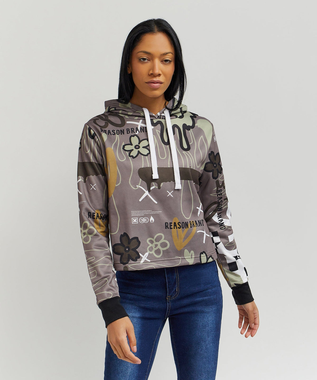 Reason Clothing Top Pick Doodle Women's Graphic Pull-over Long Sleeve Hoodie - Brown