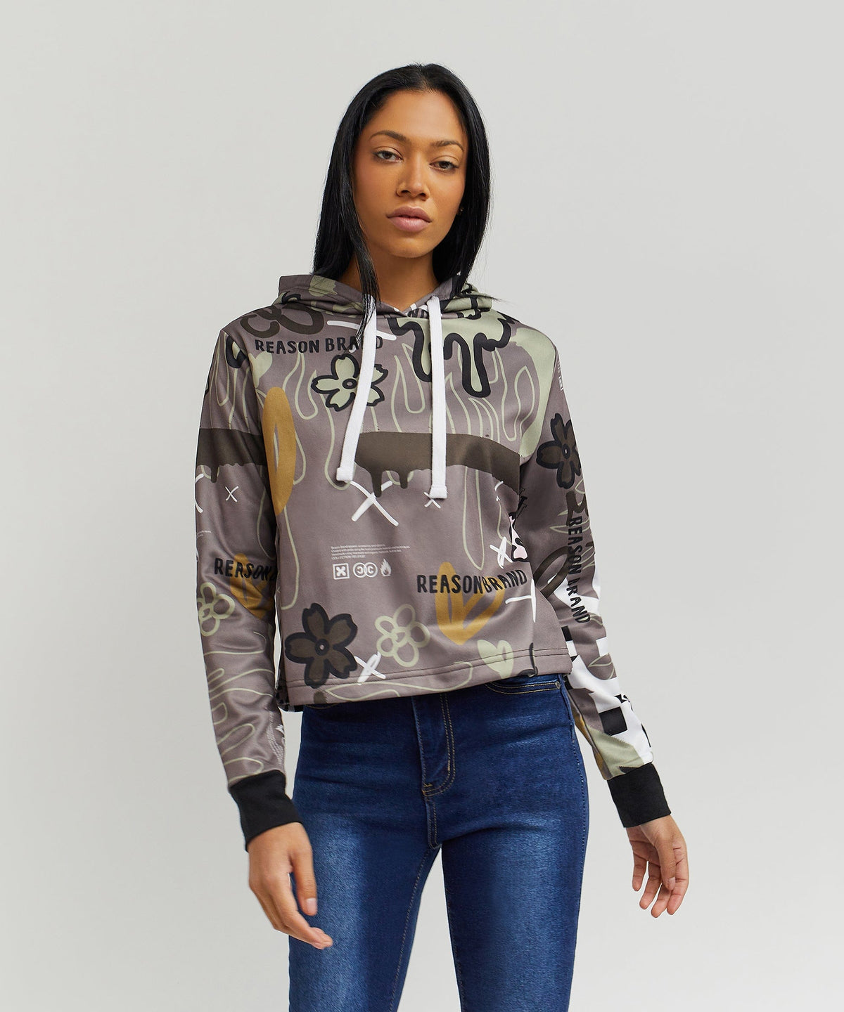 Reason Clothing Top Pick Doodle Women's Graphic Pull-over Long Sleeve Hoodie - Brown