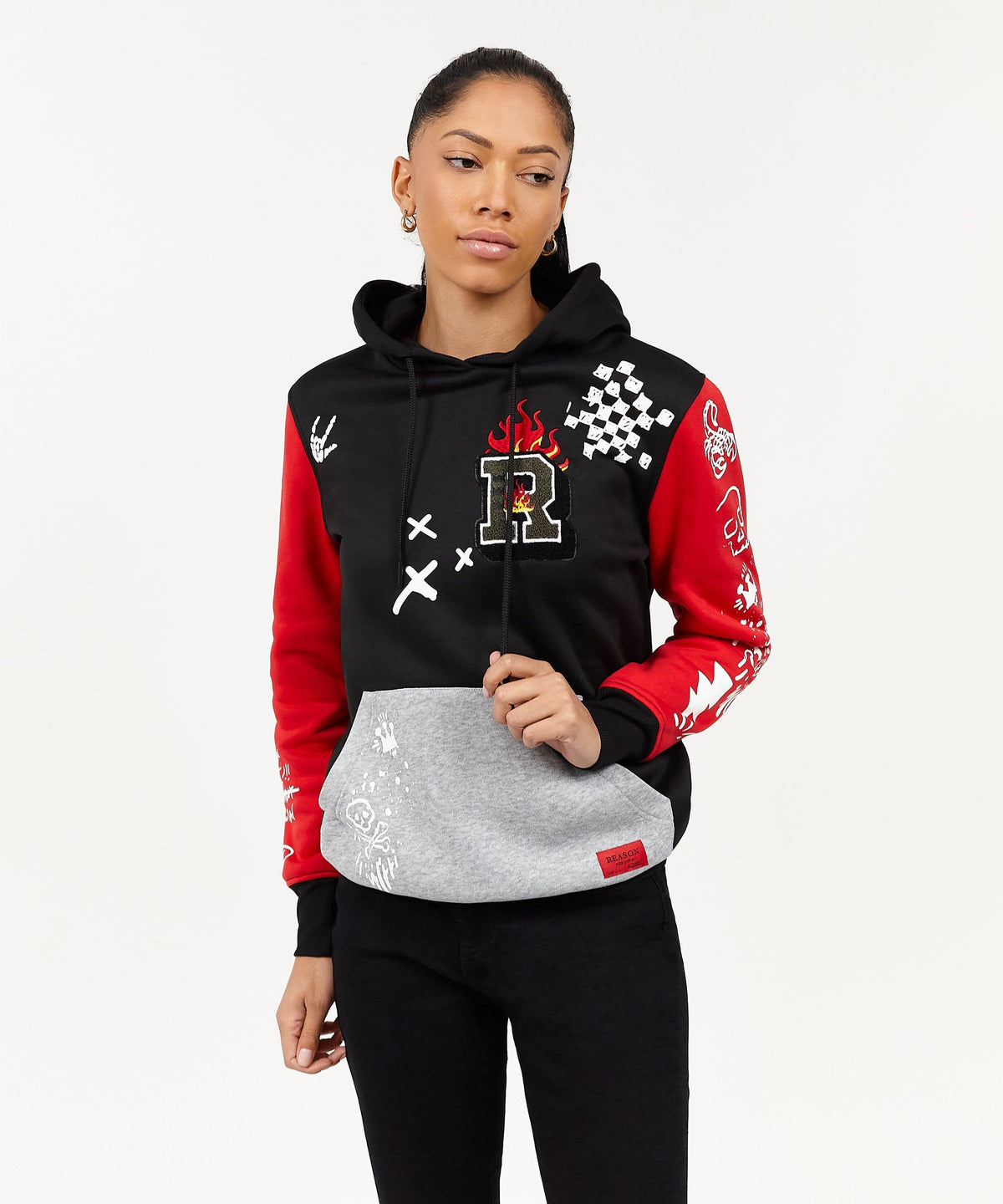 Reason Clothing Top Pick Princeton Women's Graphic Pull-Over Long Sleeve Hoodie - Black