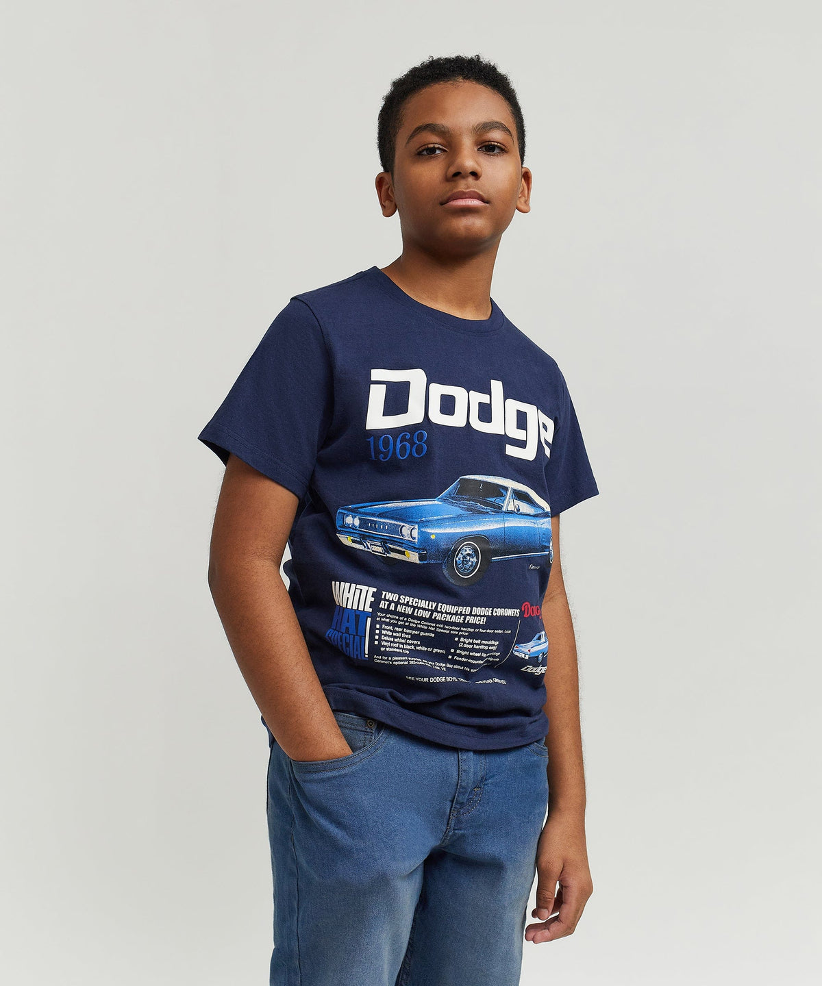 Reason Clothing Essential Dodge White Hat Special Kid's Graphic Short Sleeve Tee - Dark Blue