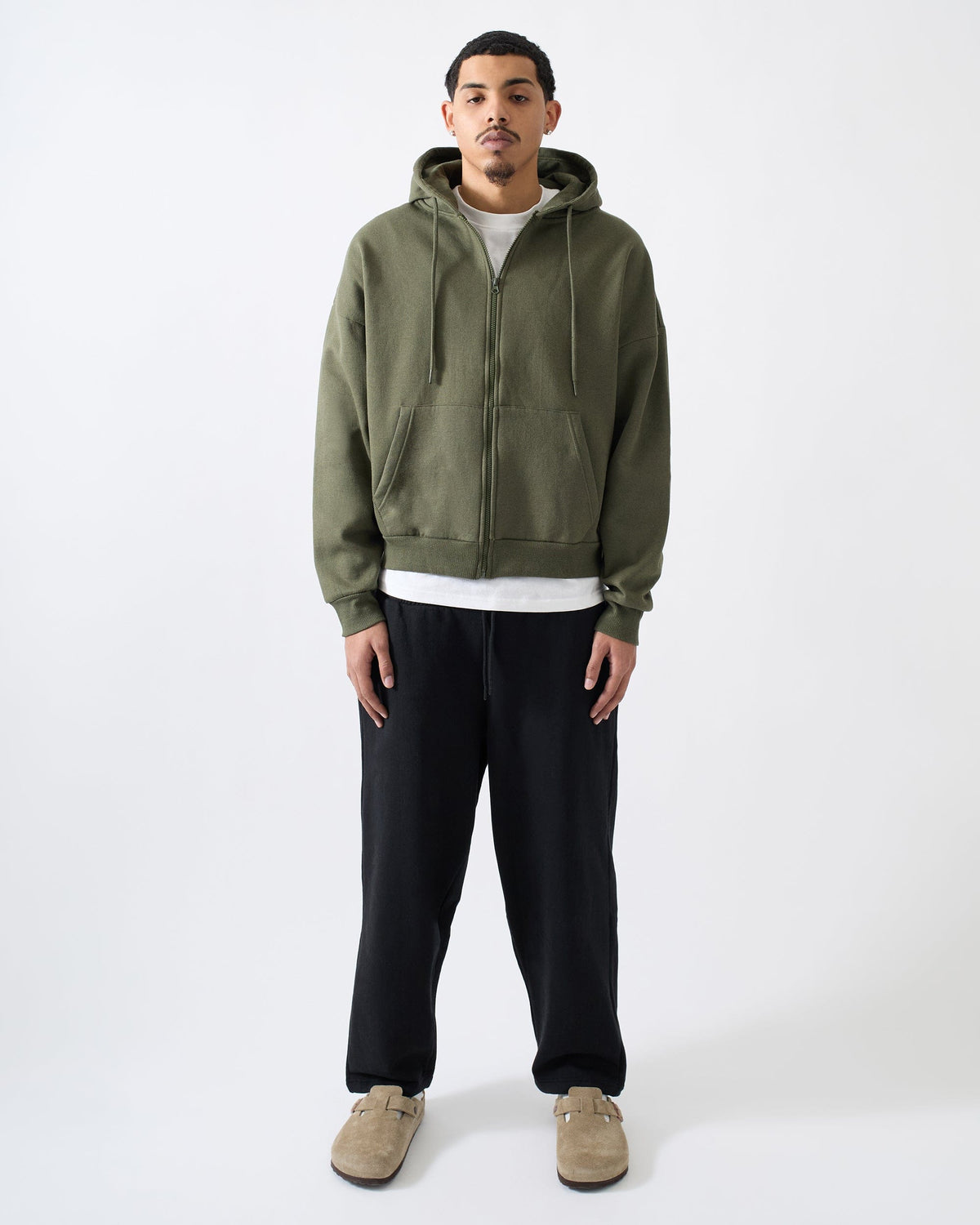 Reason Clothing Exclusive Essential Boxy Fit Zip Up Hoodie - Olive Green