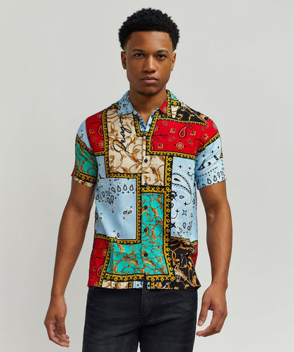 Reason Clothing Hot Sale Baroque Patchwork Viscose Button-Down Short Sleeve Shirt - Multicolor