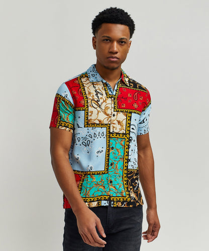 Reason Clothing Hot Sale Baroque Patchwork Viscose Button-Down Short Sleeve Shirt - Multicolor