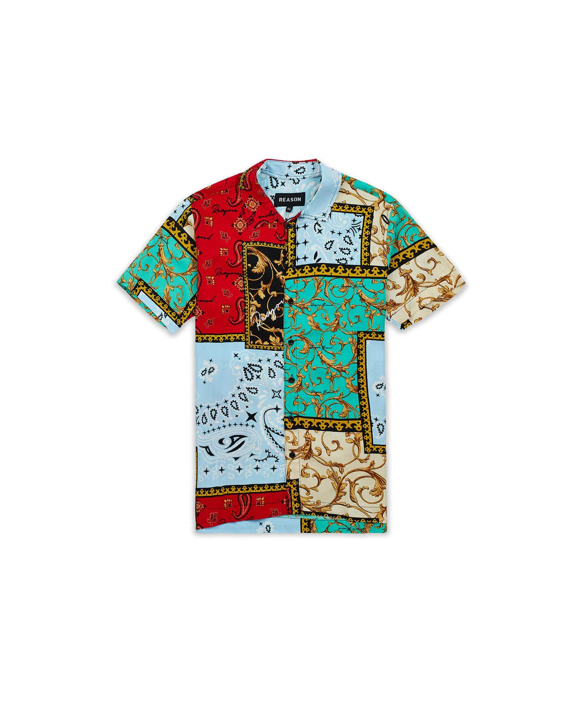 Reason Clothing Hot Sale Baroque Patchwork Viscose Button-Down Short Sleeve Shirt - Multicolor