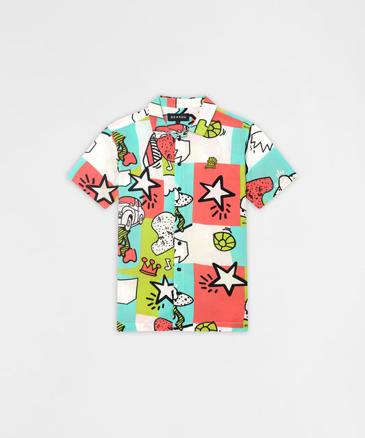 Reason Clothing Latest Retro Pop Art Viscose Button-Down Short Sleeve Shirt - Black
