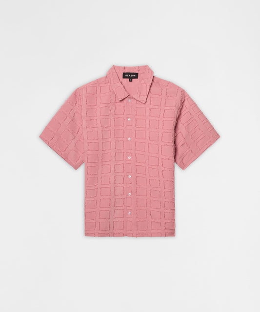 Reason Clothing Everyday Textured Grid Pattern Button Down Shirt - Pink