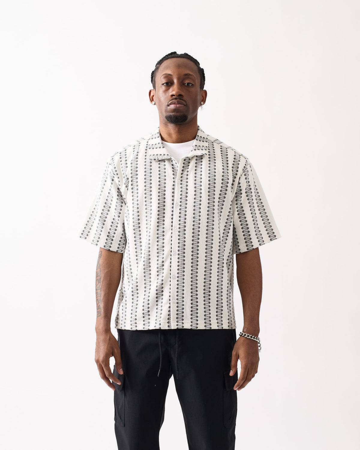 Reason Clothing Quality Textured Streamlined Button Down Shirt - Grey White
