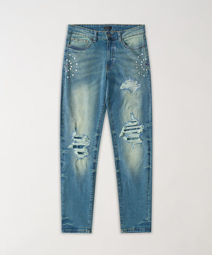 Reason Clothing Signature Starburst Studded Skinny Jeans - Dark Blue