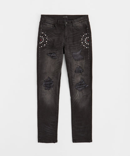 Reason Clothing Deals Starburst Rhinestone Distressed Skinny Jeans - Black