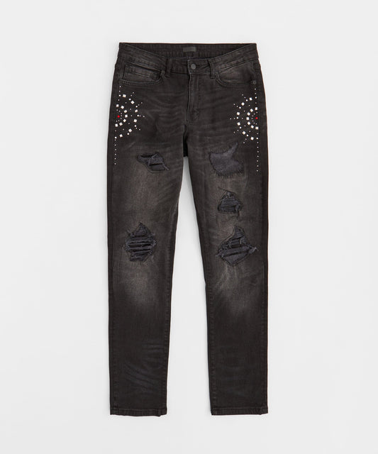 Reason Clothing Deals Starburst Rhinestone Distressed Skinny Jeans - Black