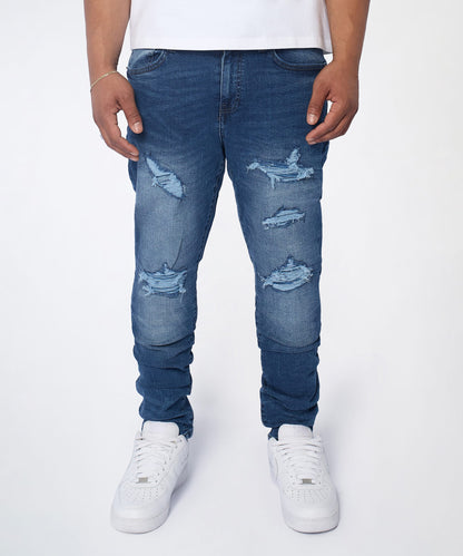 Reason Clothing Classic Classic Distressed Skinny Jeans - Medium Indigo