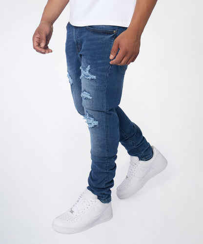 Reason Clothing Classic Classic Distressed Skinny Jeans - Medium Indigo