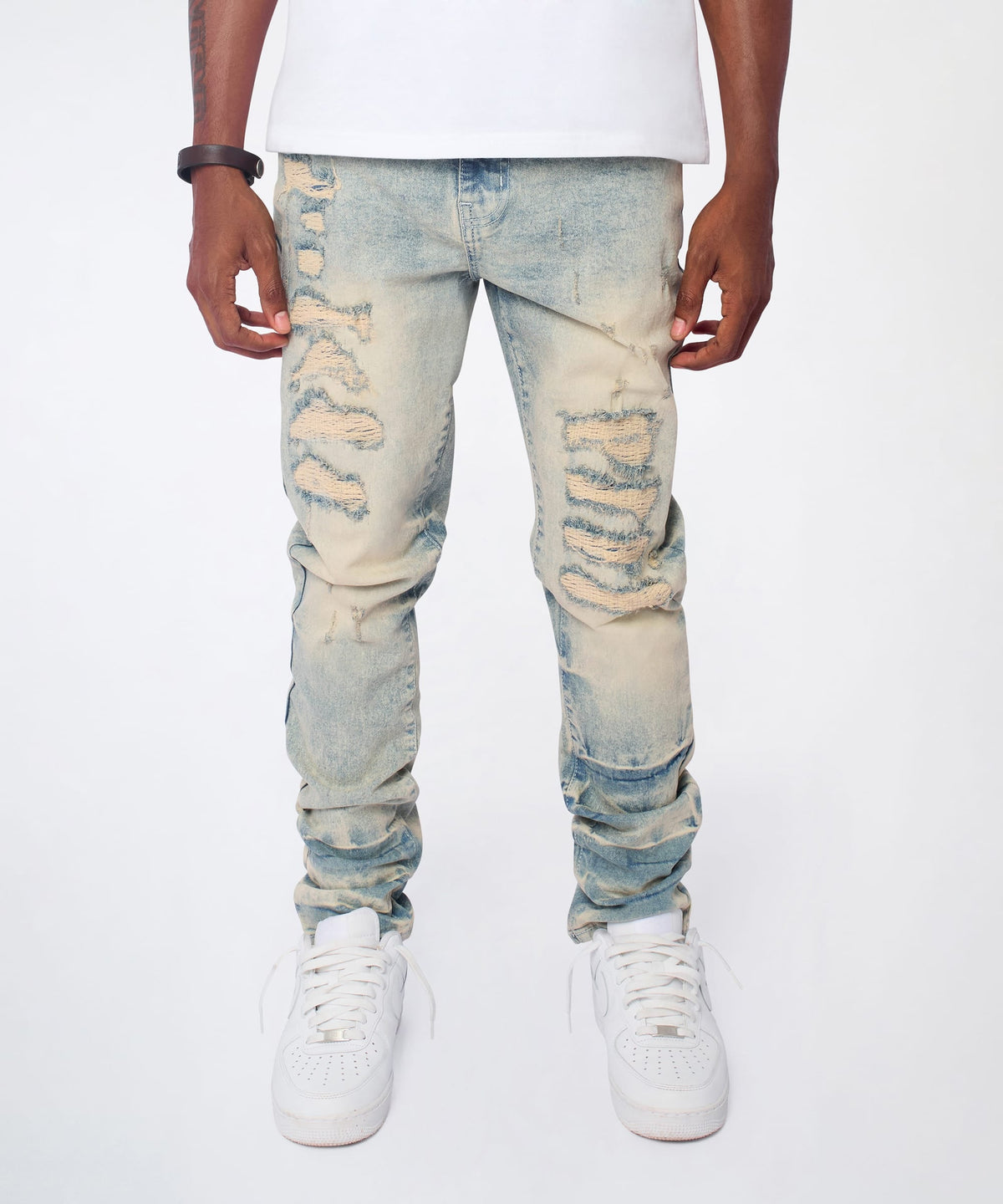 Reason Clothing Featured Shredded Moto Distressed Skinny Jeans - Medium Indigo
