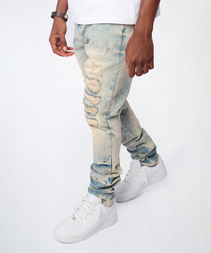 Reason Clothing Featured Shredded Moto Distressed Skinny Jeans - Medium Indigo